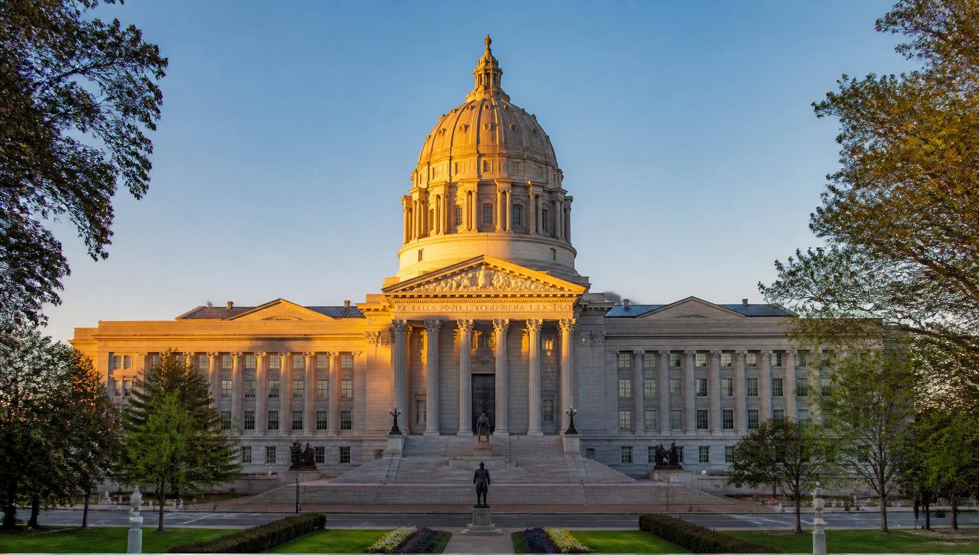 The Missouri State Capitol in Jefferson City at golden hour